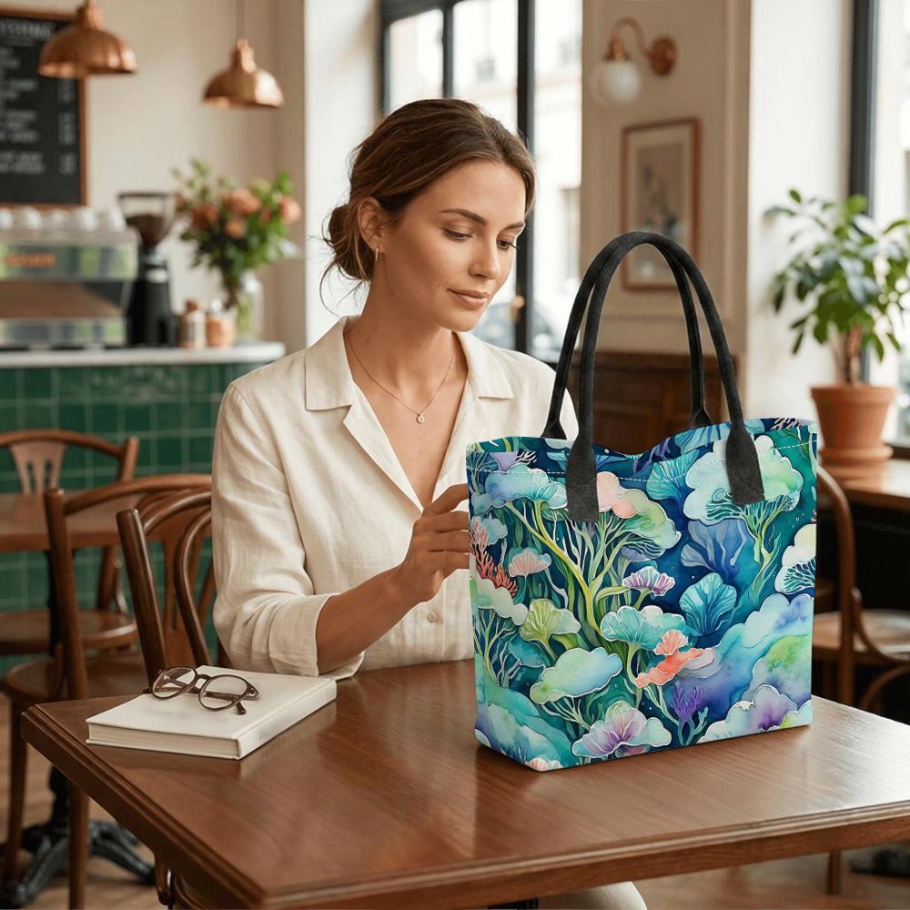 Watercolor Marine Plants Tote Bag Fashion Casual Large Capacity Daily Outdoor Shopping Shoulder Bag