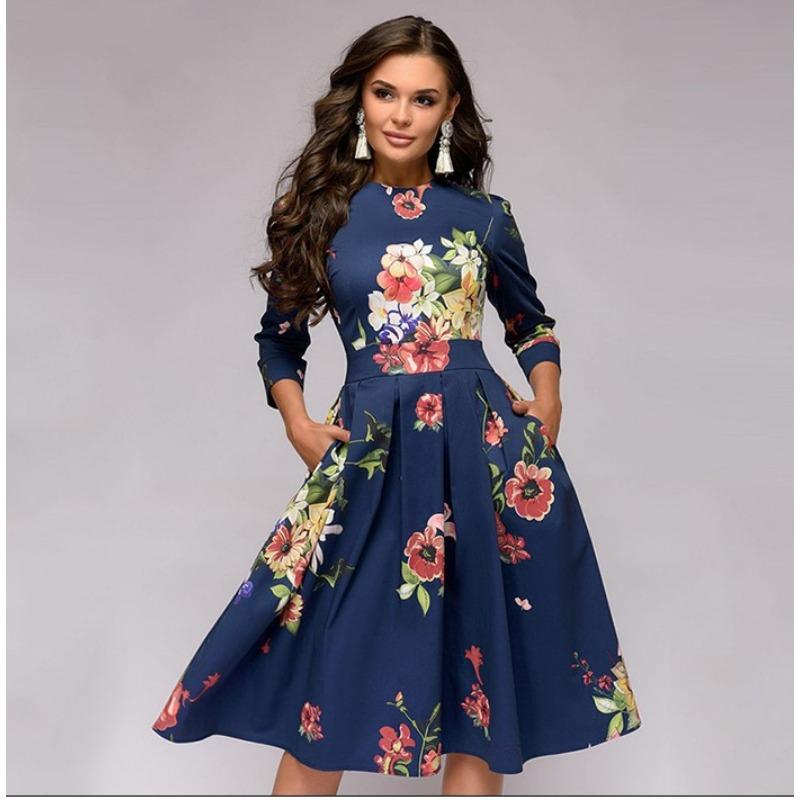 Vestido de fiesta vintage floral de corte A para mujer, con mangas de siete puntos y cuello redondo.