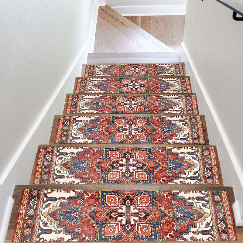 15PCS Rug Tread Self-adhesive Backing Non Slip Indoor Skid Resistant Stair Tread Bohemian for Wooden Steps for Dogs Kids & Elder