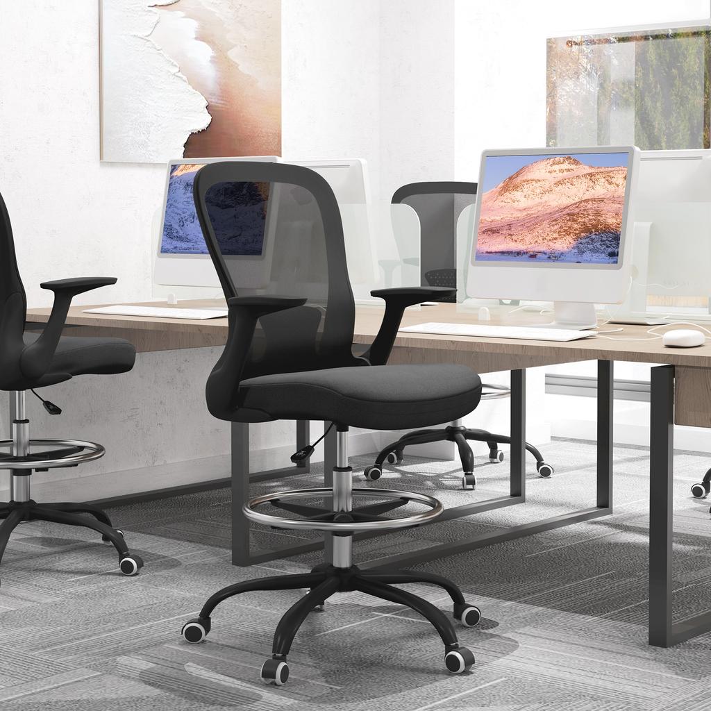 Draughtsman Chair, Mesh Drafting Chair, Ergonomic Office Chair with Flip-up Armrest, Adjustable Foot Ring, Black