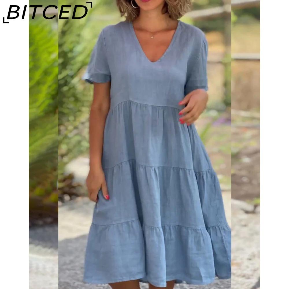 BITCED Women Fashion Summer Spring Fresh and Cute Solid Color Print Short Sleeve V-neck Big Loose Casual Dresses