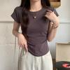 Solid Color Positive Shoulder Short-sleeved T-shirt Summer Slim Thin Arc Hem High Waist Short Tops