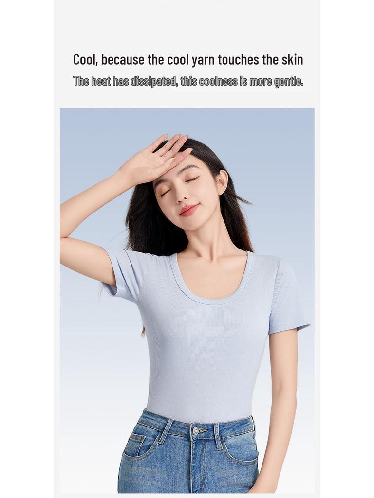 5A Antibakterielles Damen einfarbiges Tencel Baumwoll Ripp Kurzarm Sommer T-Shirt