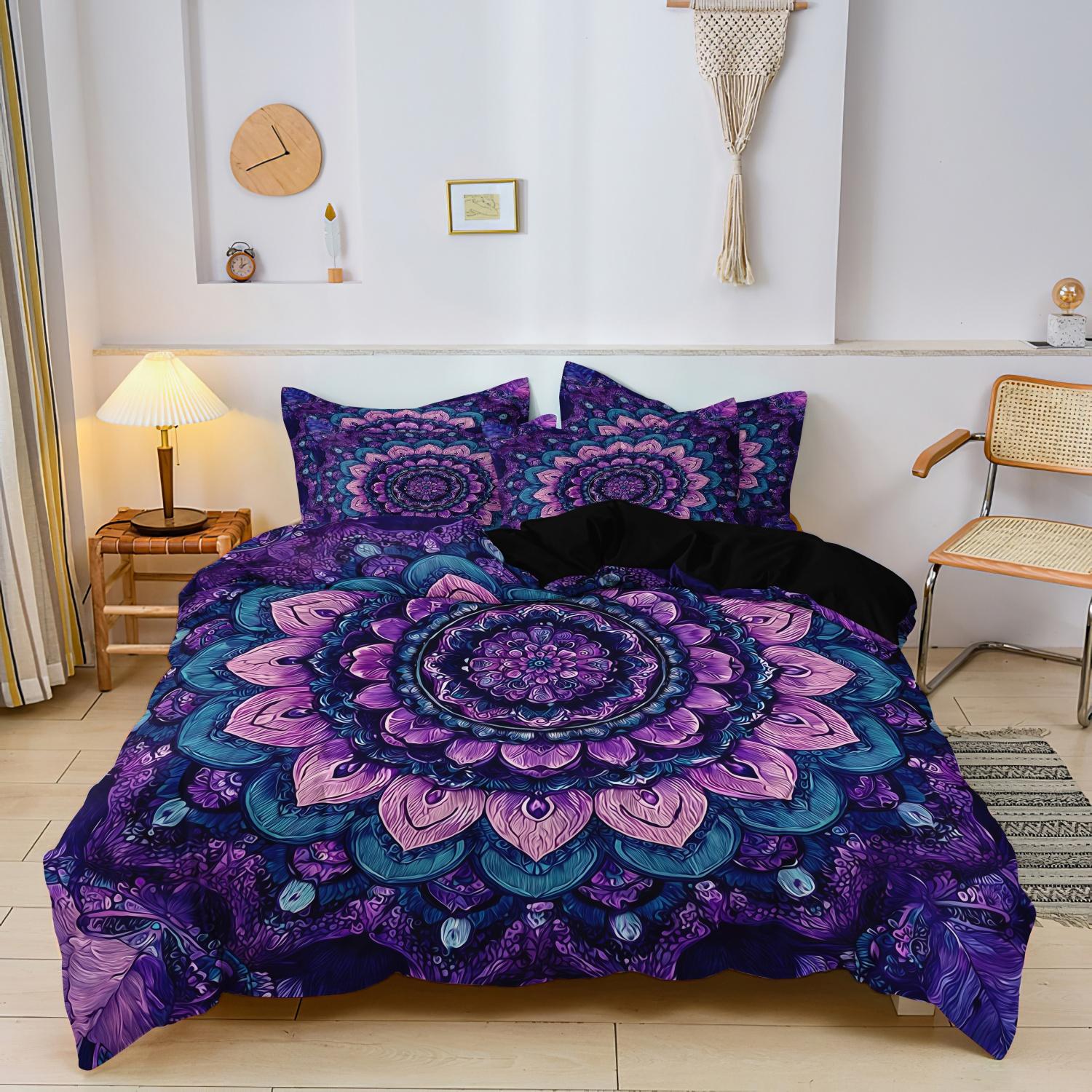 Housse de couette imprimé Mandala Violet Bohème 3 pièces, Literie imprimée Mandala Plume Florale Bleu Canard Foncé Rose, Plusieurs Tailles Disponibles 173x219cm(68x86inch)&set blue