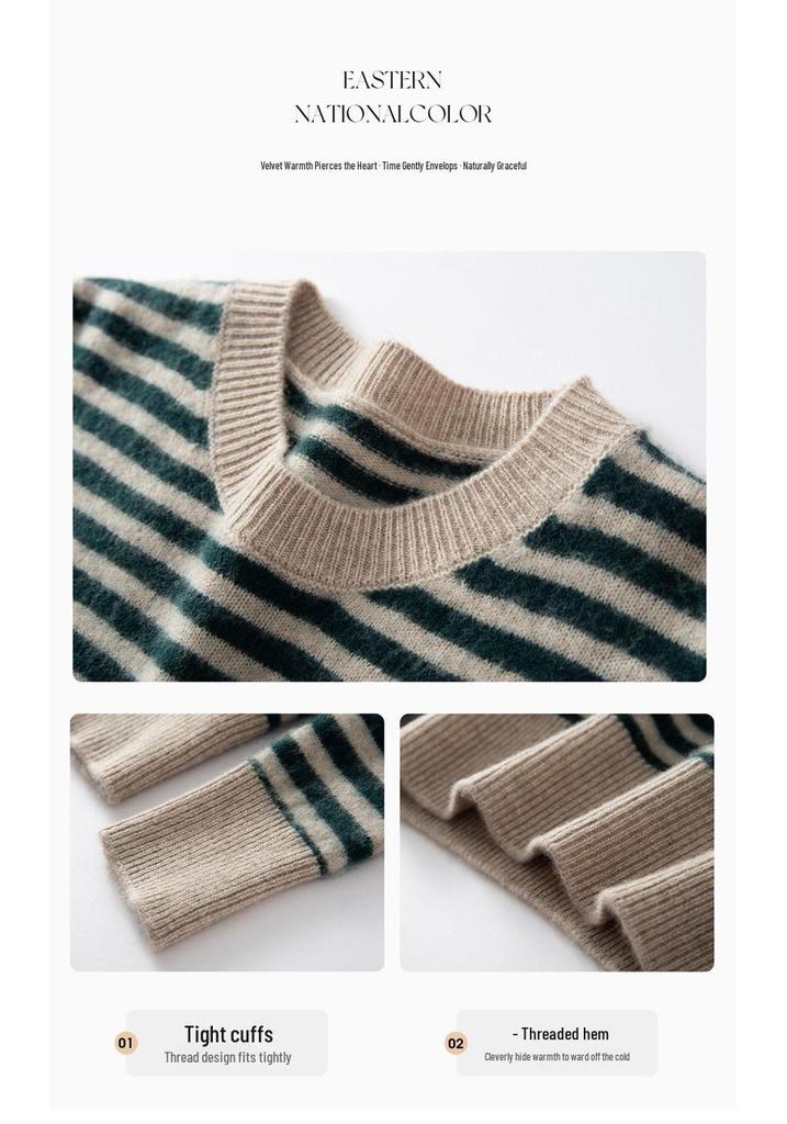 Women's Striped Cashmere Sweater - 2025 Autumn/Winter, Half-High Neck, Sweet Style, Loose Slimming Pullover