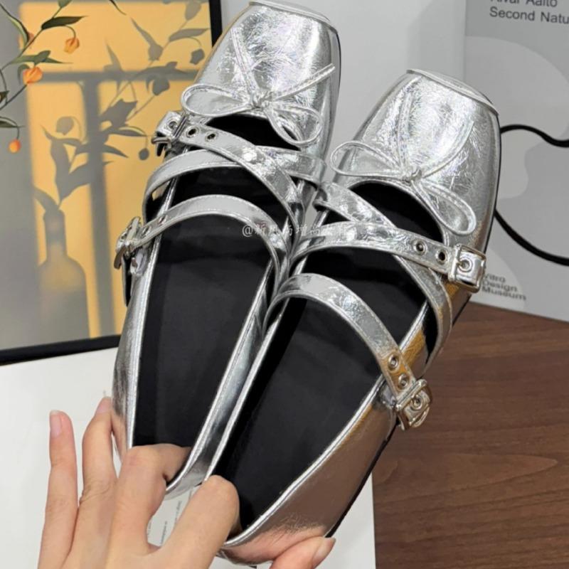 Spring and summer new silver bow ballet shoes femininity cross strap versatile Mary Jane shoes