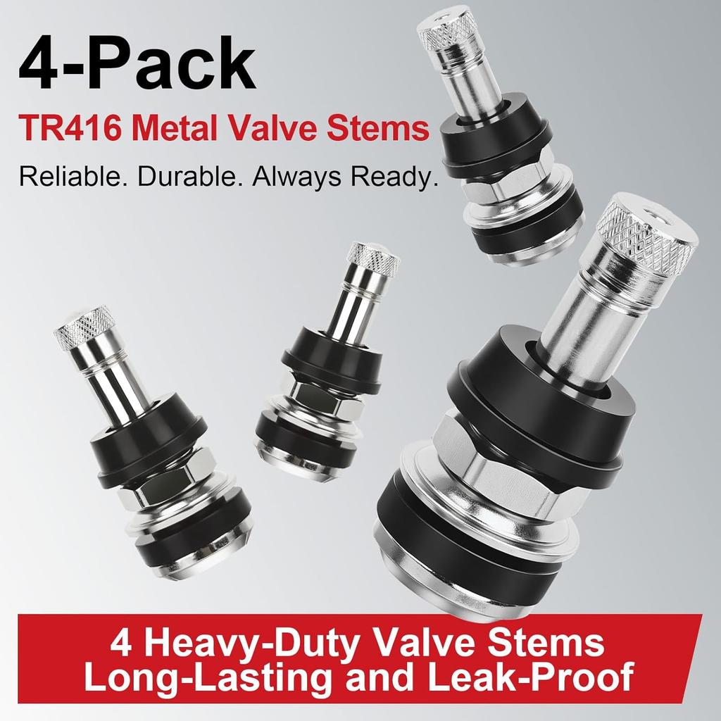 TR416 Valve Stem, 4 Pack Premium Metal Tire Valve Stems For Tubeless Tires, Fits 0.453" & 0.625" Rim Holes, Silver