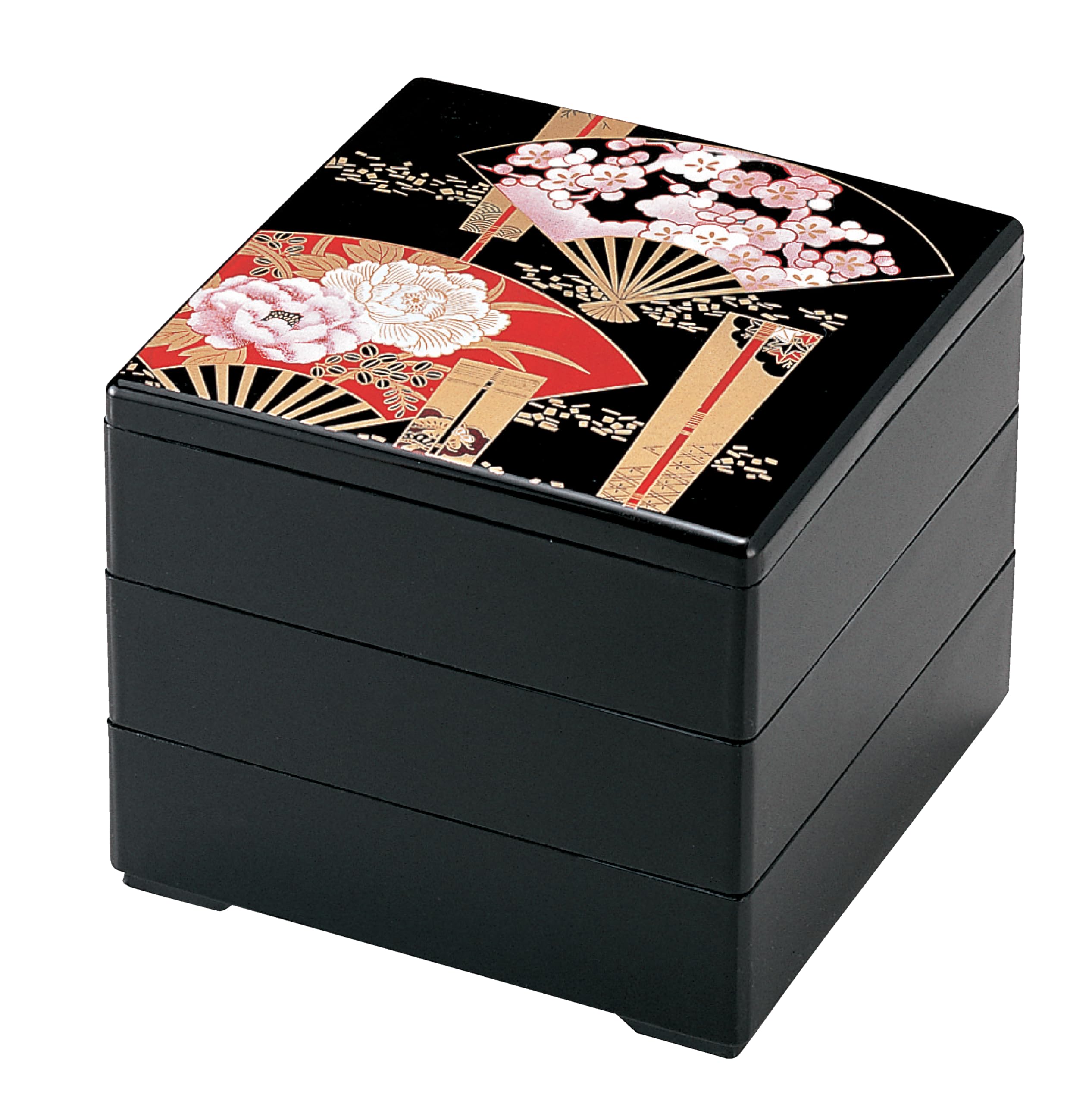 Вакаидзуми Джубако Черный Веер Пион 3 Лакированная Посуда, Коробка 6,5 дюйма, (Черный интерьер), Ярусы, H-154-7A чёрный