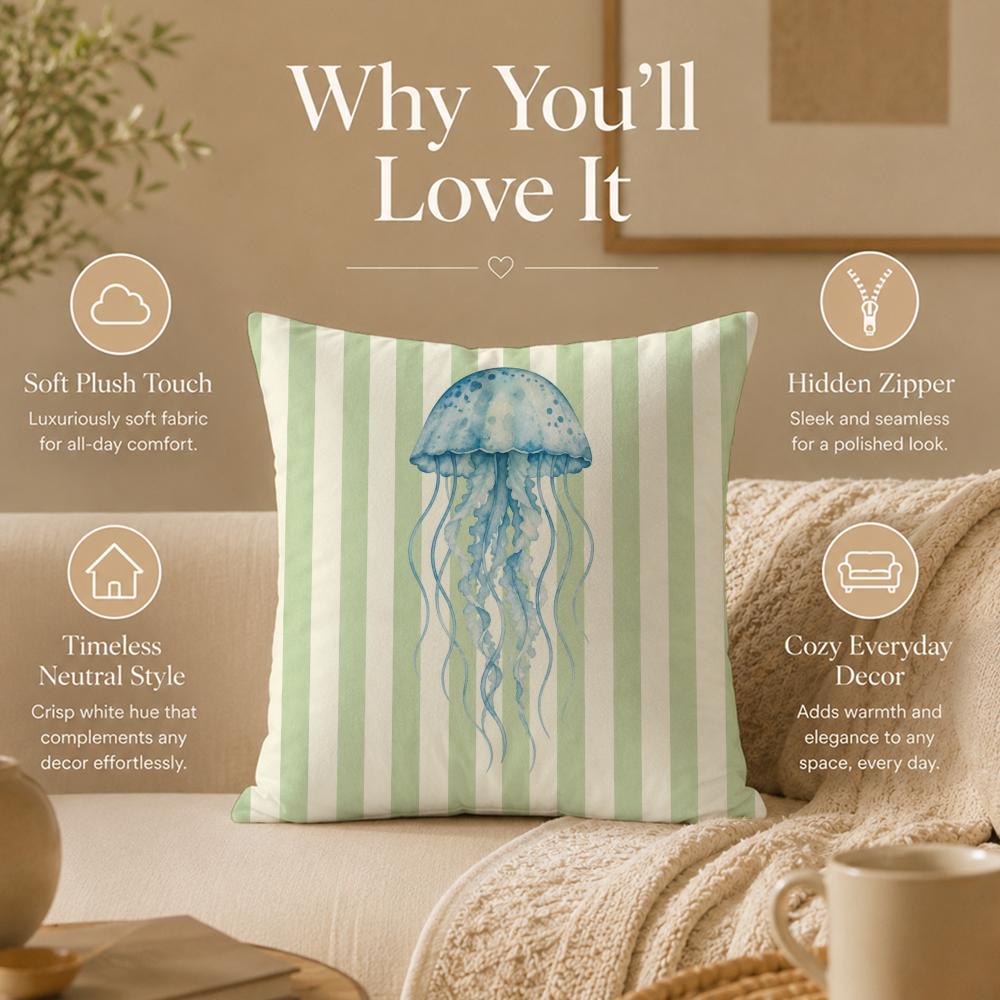 Ocean Life Theme Striped Cushion Cover Double-Sided Printed Pillow Cover Hypoallergenic Dust-Mite Proof
