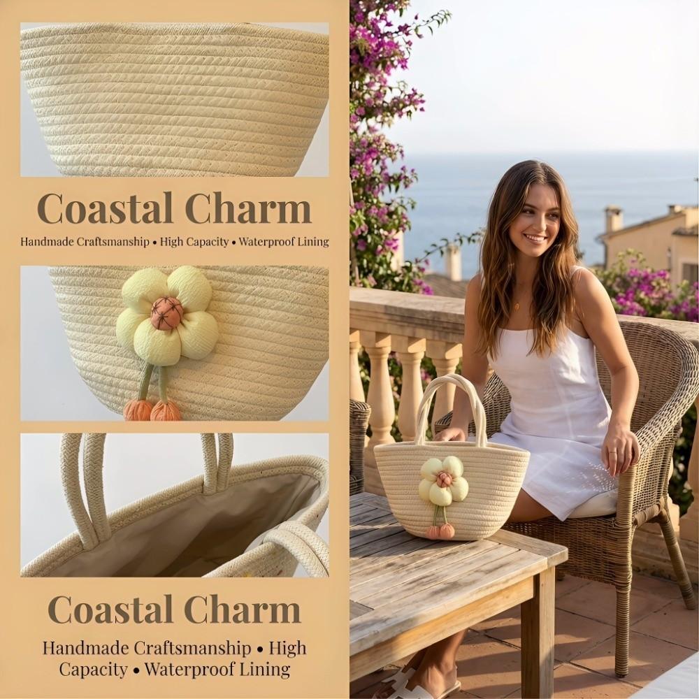Portable Straw Woven Tote Bag High-capacity Flower Bucket Bag Handmade All-Match Handbag Beach