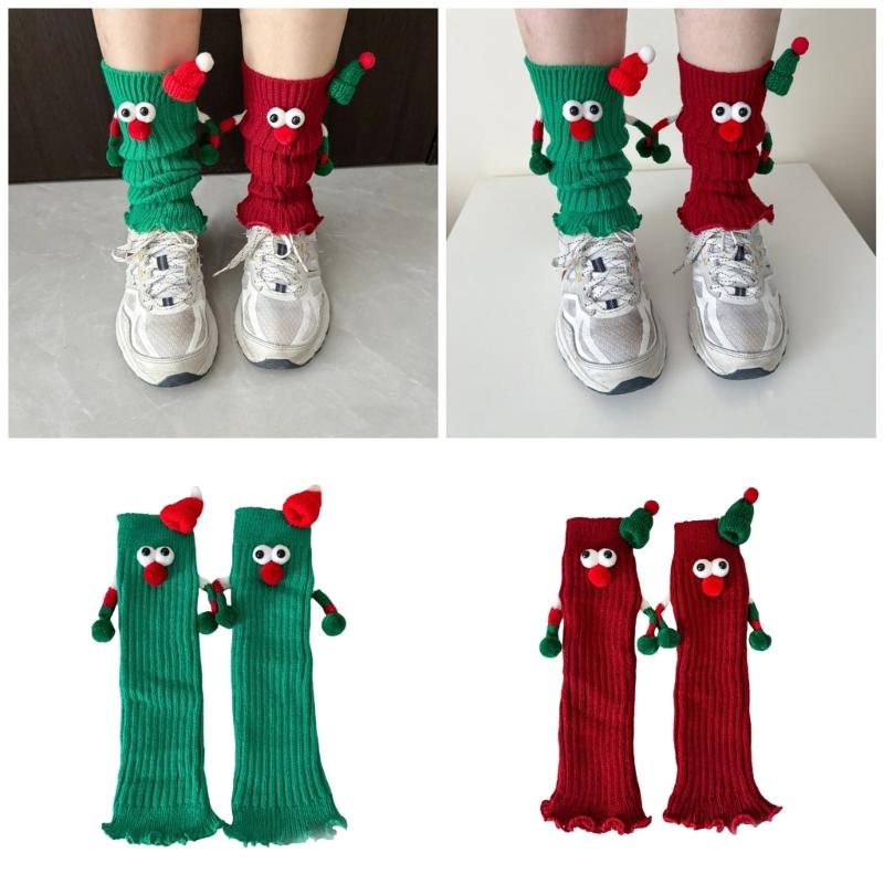Christmas Holiday Leg Covers 3D Santa Hat Doll Magnetic Hand Holding Leg Warmers Socks with Big Curious Eyes for Women
