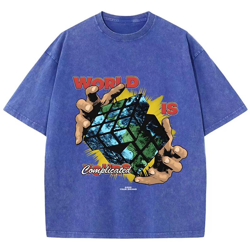 Womans Acid Wash T-Shirts World Is Complicated Cube Prints Tops Crewneck Oversize Cotton Tee Shirts Trend Female Clothes