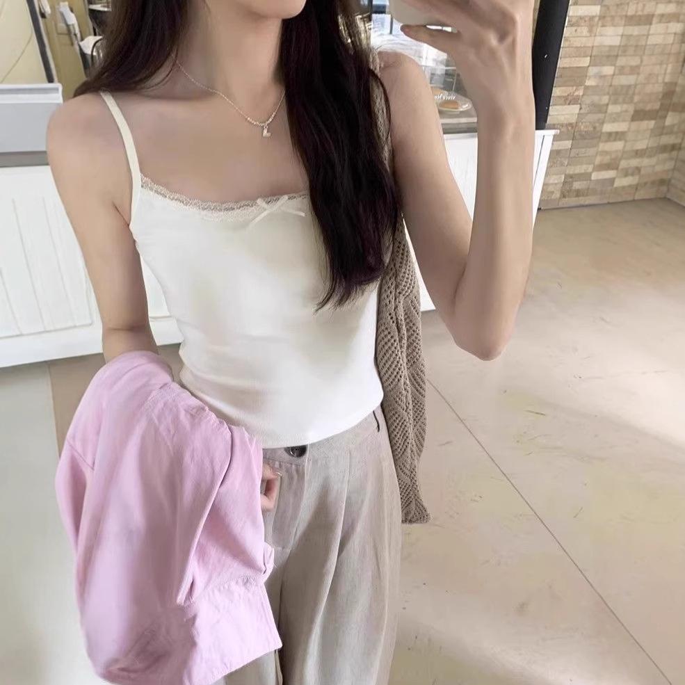 2025 Summer Women's Lace Camisole with Bow and Elastic Splicing - Sweet White BM Vest