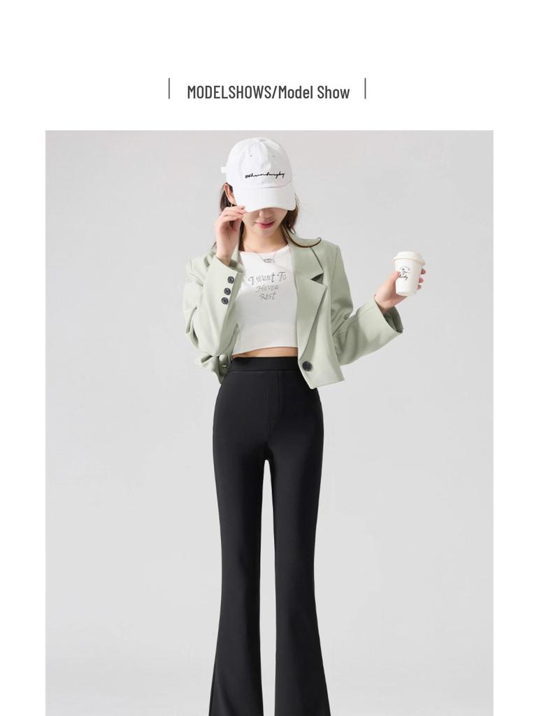 2025 Women's Black High-Waist Micro Flare Pants with Velvet, Slimming Drape, for Spring & Autumn