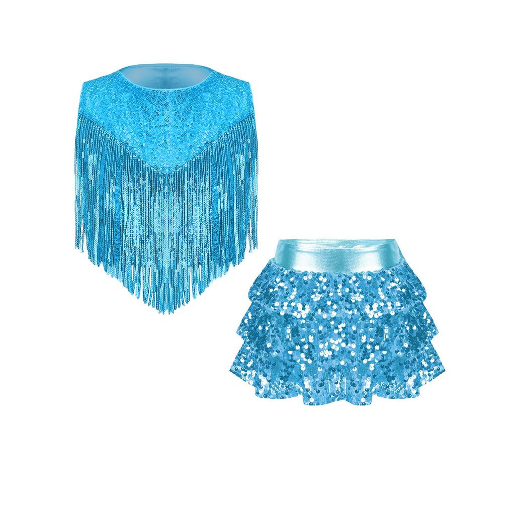 Girls Disco Dance Costume Set Metallic Gloss Sequins Sleeveless Top Tassels Tiered Ruffle Skirted Shorts