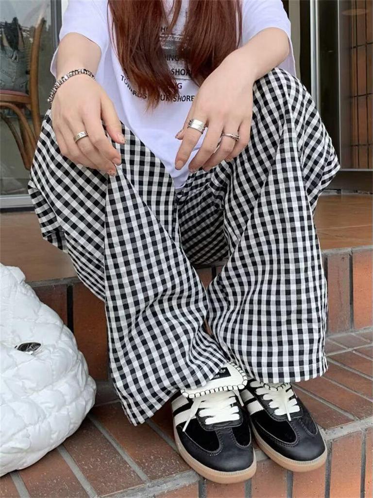 Plaid Colorblock High-Waist Straight-Leg Summer Pants - Women's Trendy and Versatile Floor-Length Design