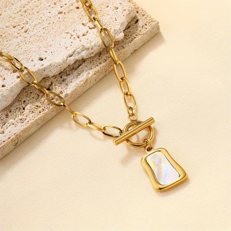 European and American Fashion Mother-of-Pearl Square Pendant Titanium Steel Necklace - Light Luxury Sweater and Clavicle Chain Jewelry.
