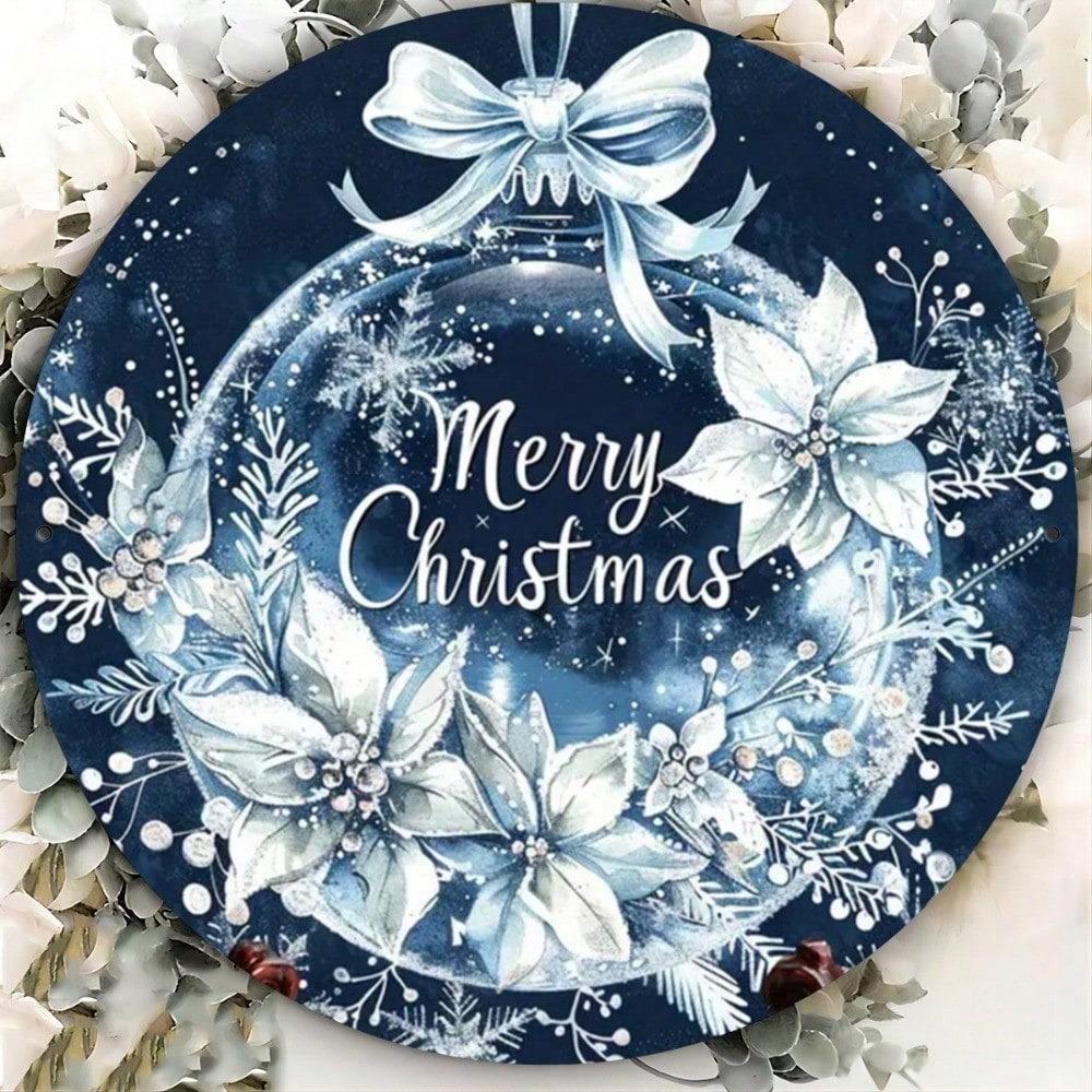 Vintage Blue Christmas Tin Sign, Merry Christmas Metal Wall Art, Rustic Holiday Plaque For Home Indoor Wall Decor