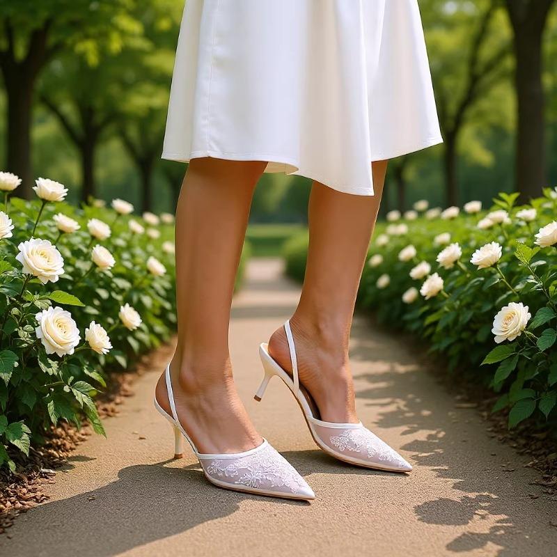 Back strap femininity stilettos pointed toe bag head white embroidered beaded mesh sandals women's wedding shoes