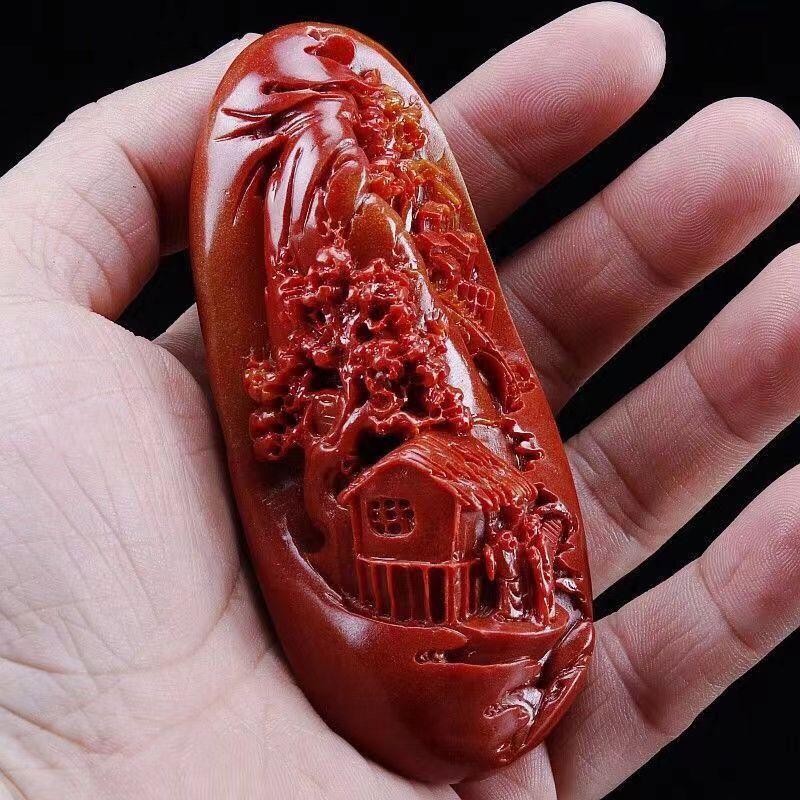 Chinese Antique Huanglong Jade Carved Landscape Waist Tag Pendant