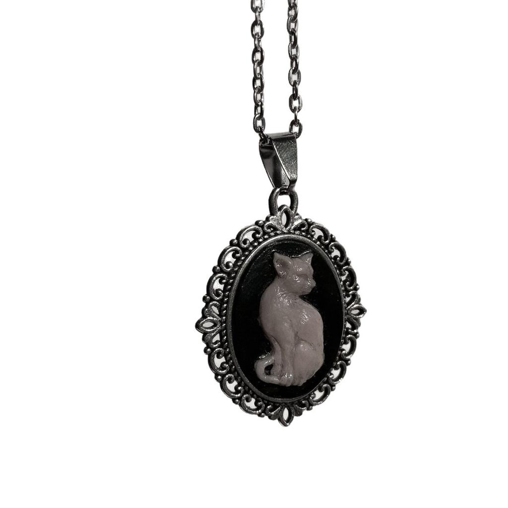 White Cat Cameo Necklace, Gothic Jewelry, Pagan, Witchcraft Accessories, Alternative, Retro, Organ, Choker For Women Man