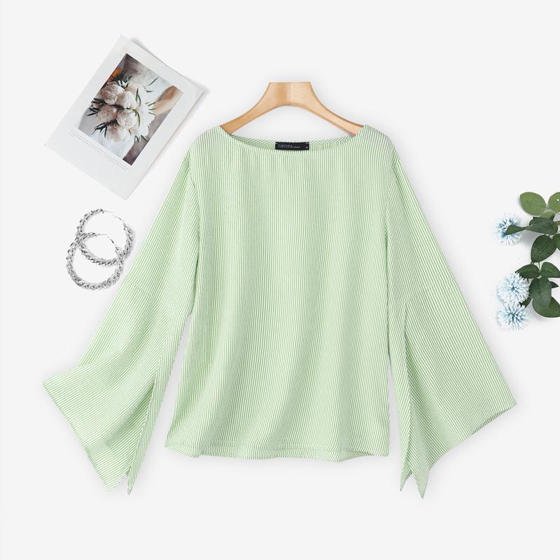 

ZANZEA Женская повседневная блузка с принтом в полоску, круглым вырезом и длинными рукавами 2XL зелёный