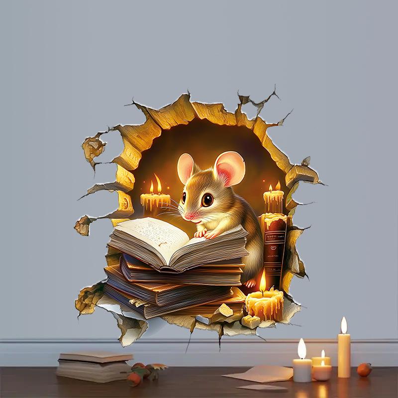 Cozy Cartoon Mouse Reading Book by Candlelight At Mouse Hole Toilet Wall Sticker Self-Adhesive Bathroom Home Decor Art Wholesale