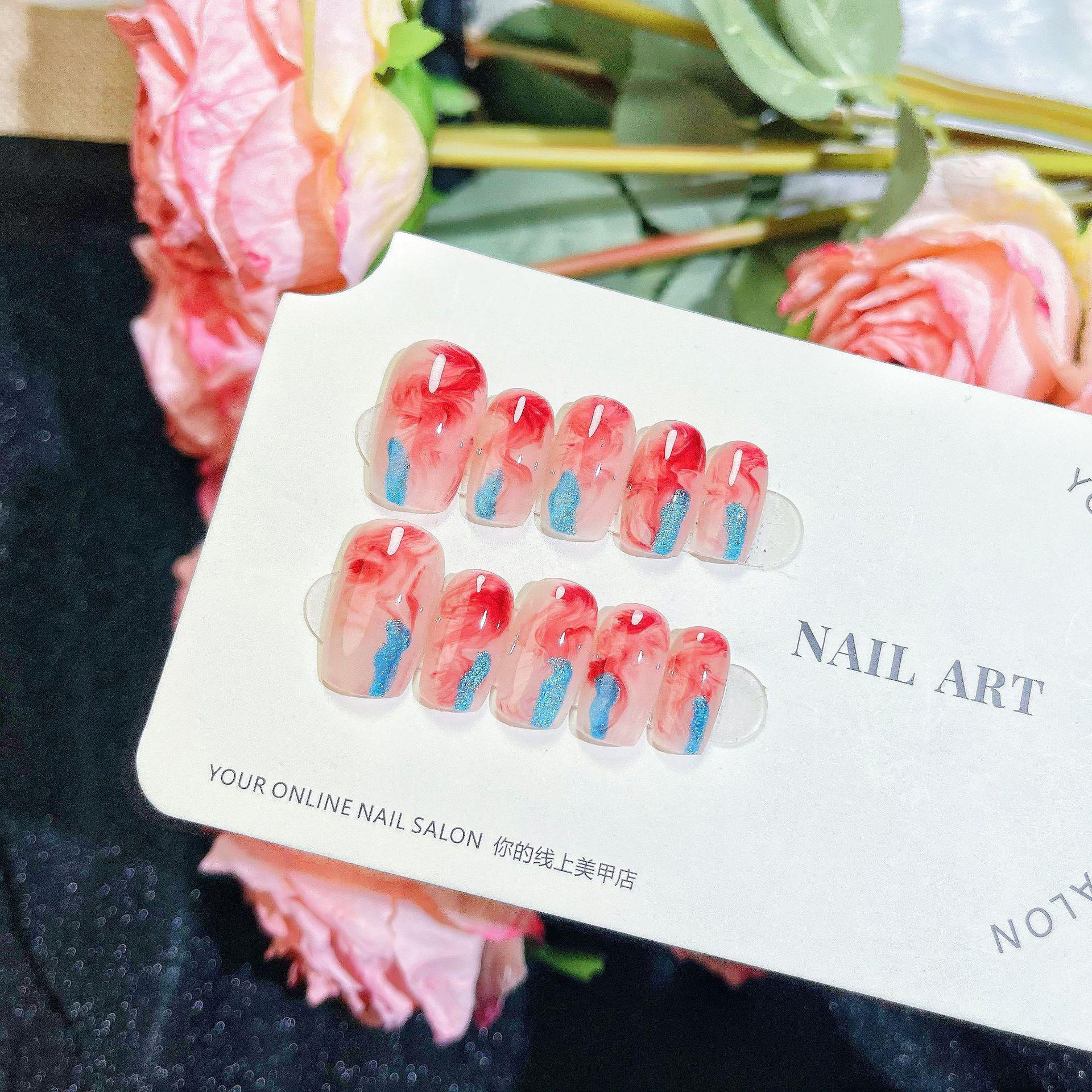 

Короткие ногти с ручной росписью акварелью «Роза»: Отбеленный, Национальный стиль и Полностью ручная работа Large