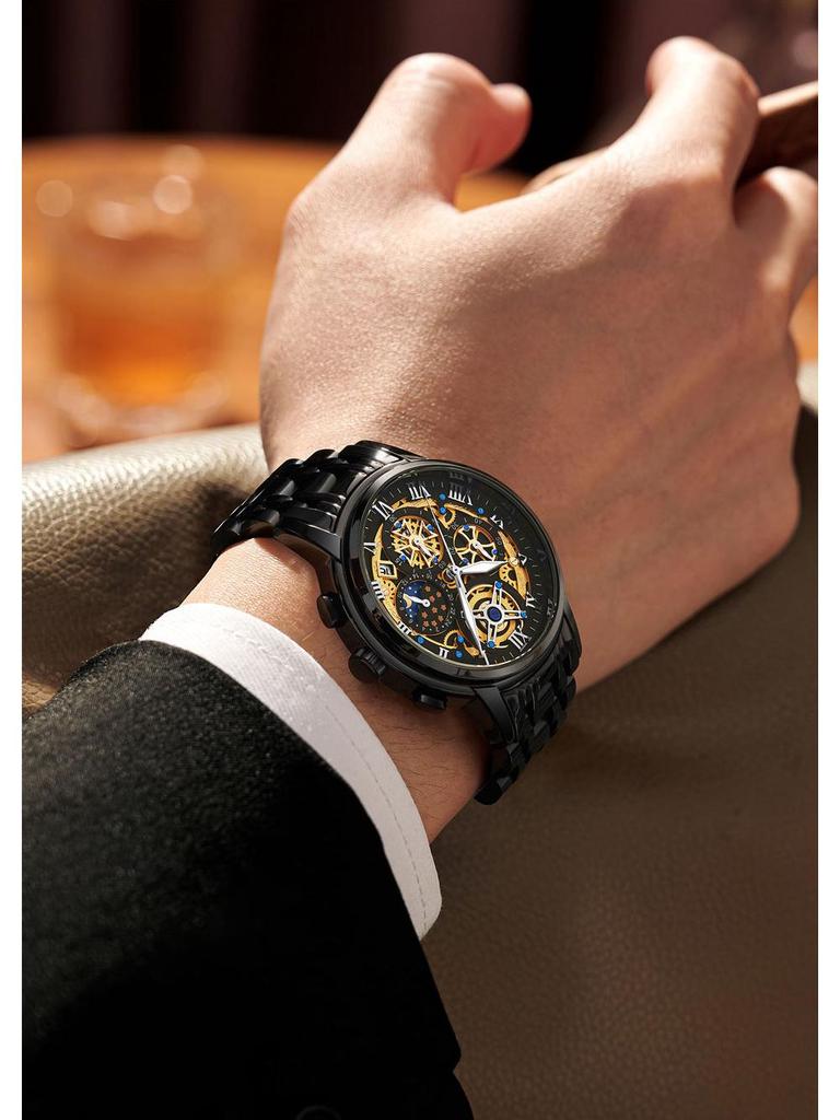 Ceas de mână elegant cu schelet pentru bărbați, cu mecanism quartz: Luminos, Rezistent la apă, Brățară din oțel