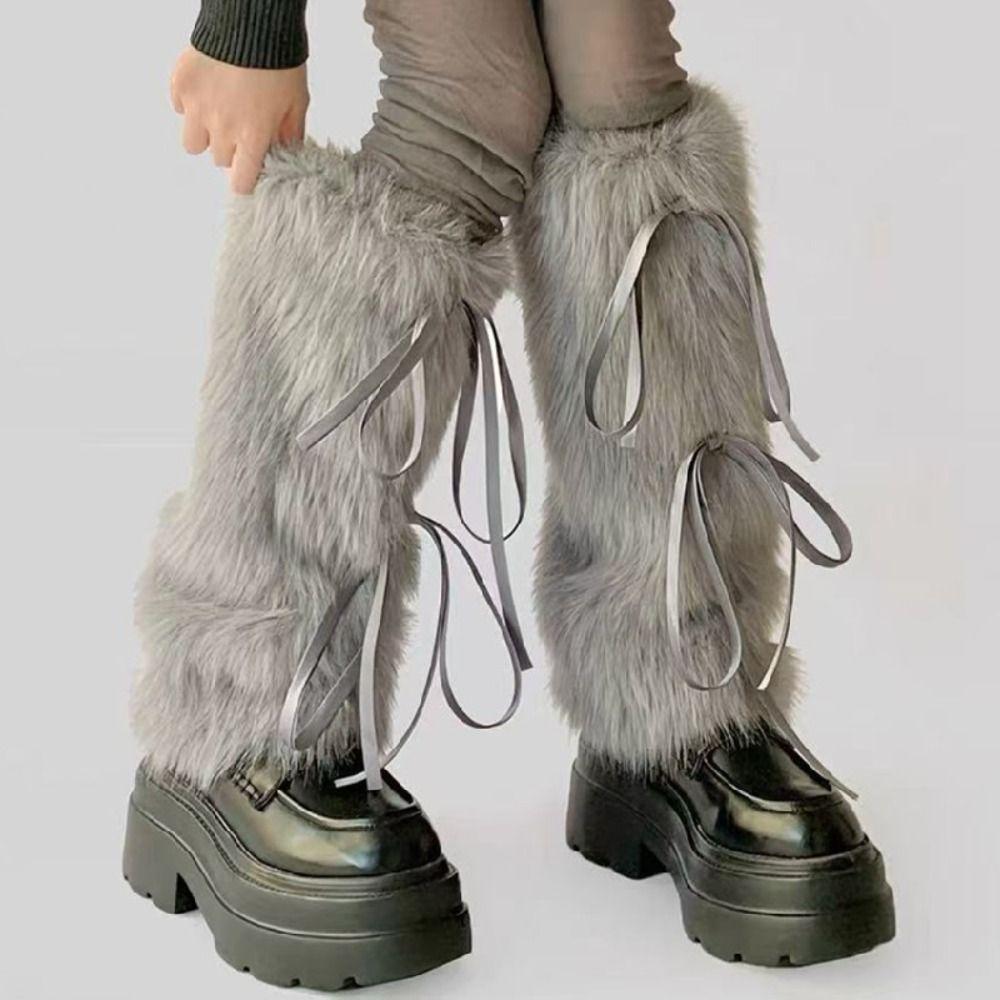 Solid Color Faux Fur Furry Leg Warmers Y2k Spicy Girl Lace Up Leg Warmers Foot Cover Warm Women's Stockings Fall Winter