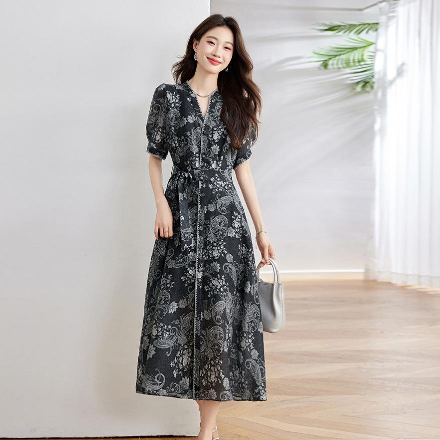 European Station Fashion Printing Temperament Elegant Long Skirt Summer New V-Neck Short Sleeve Waist Dress Women
