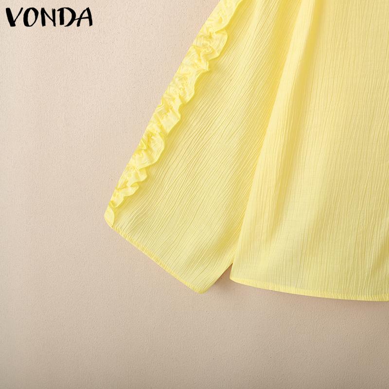 VONDA Women V Neck Long Sleeve Lace Up Ruffled Hem Semi-Sheer Shirts Blouse