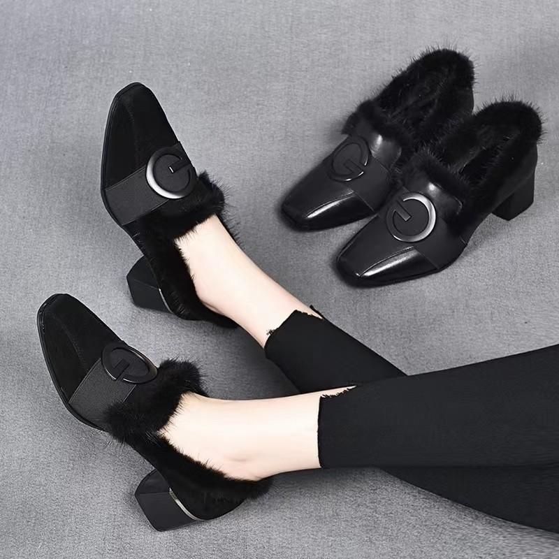 Fashion Kitten Heel Women's Block Heel Slip-on Cotton Leather Shoes Women's Square Toe Wool Shoes Deep Mouth Cotton Shoes
