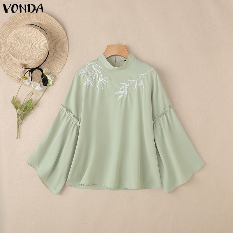 VONDA Damen Stehkragen Langarm Schlagarm Stickerei Elegant Lässig Bluse