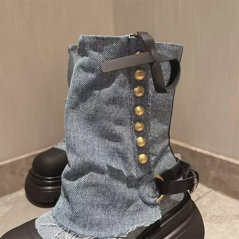 Bottes de cowboy à plateforme pour femme, automne/hiver 2024, style tête de poupée coréenne, bottes cigarette courtes