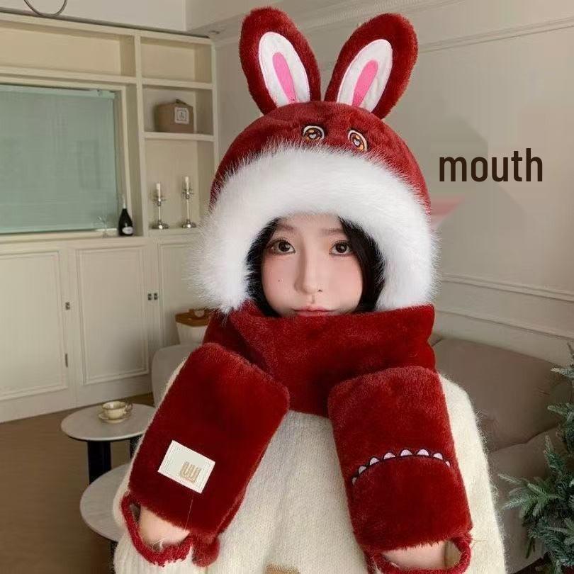 Women's Winter Plush Hat, Scarf & Gloves Set with Cute Rabbit Ear Snood