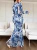 2025 Summer European & American U-Neck Long Sleeve Patchwork Slim Fit Printed Women's Dress