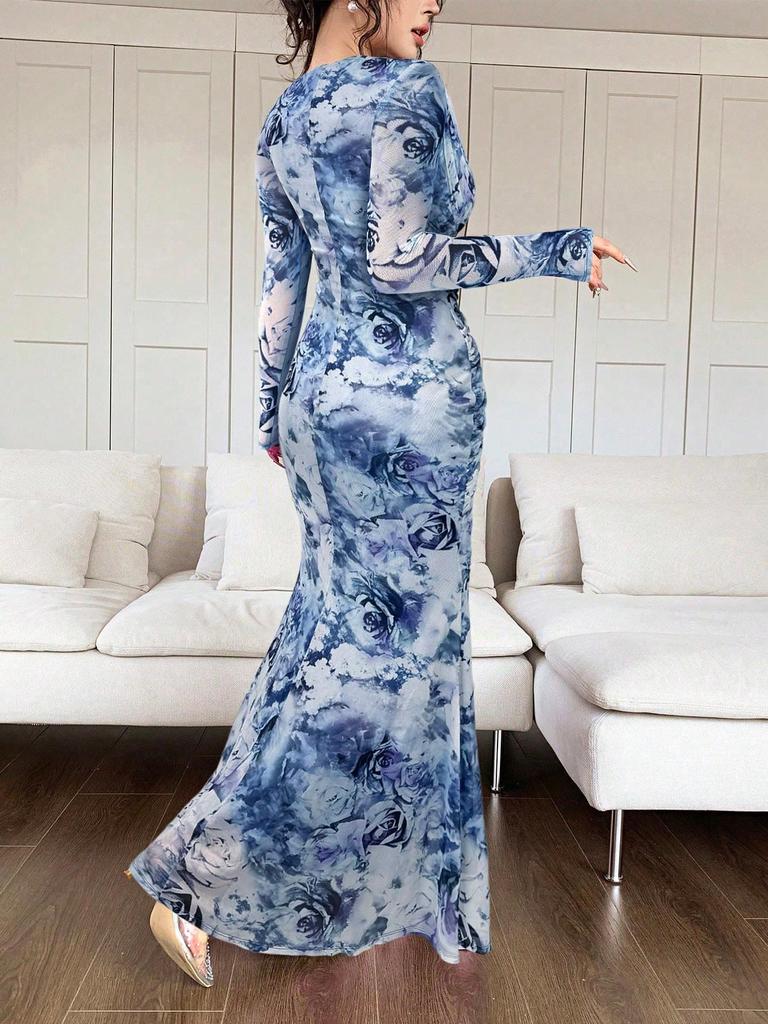 2025 Summer European & American U-Neck Long Sleeve Patchwork Slim Fit Printed Women's Dress