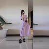 Women's High-End Purple Petite Bubble Sleeve Long Dress for Early Spring