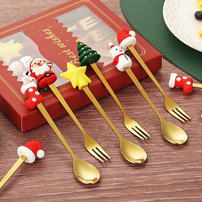 Xmas Party Fork Spoon Kits 6Pcs Christmas Stainless Steel Creative Tableware Set Glod Spoon Forks Decoration Cutlery Gift
