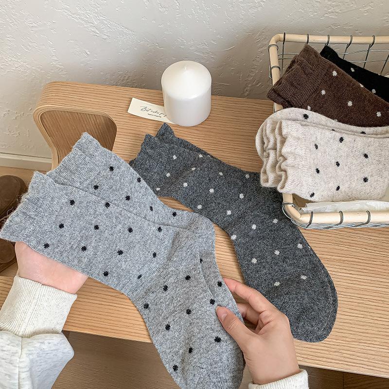 Polka Dot Wool Socks Medium Tube Socks Thickened Cashmere Thermal Stacking Socks White Versatile Double Needle Stockings