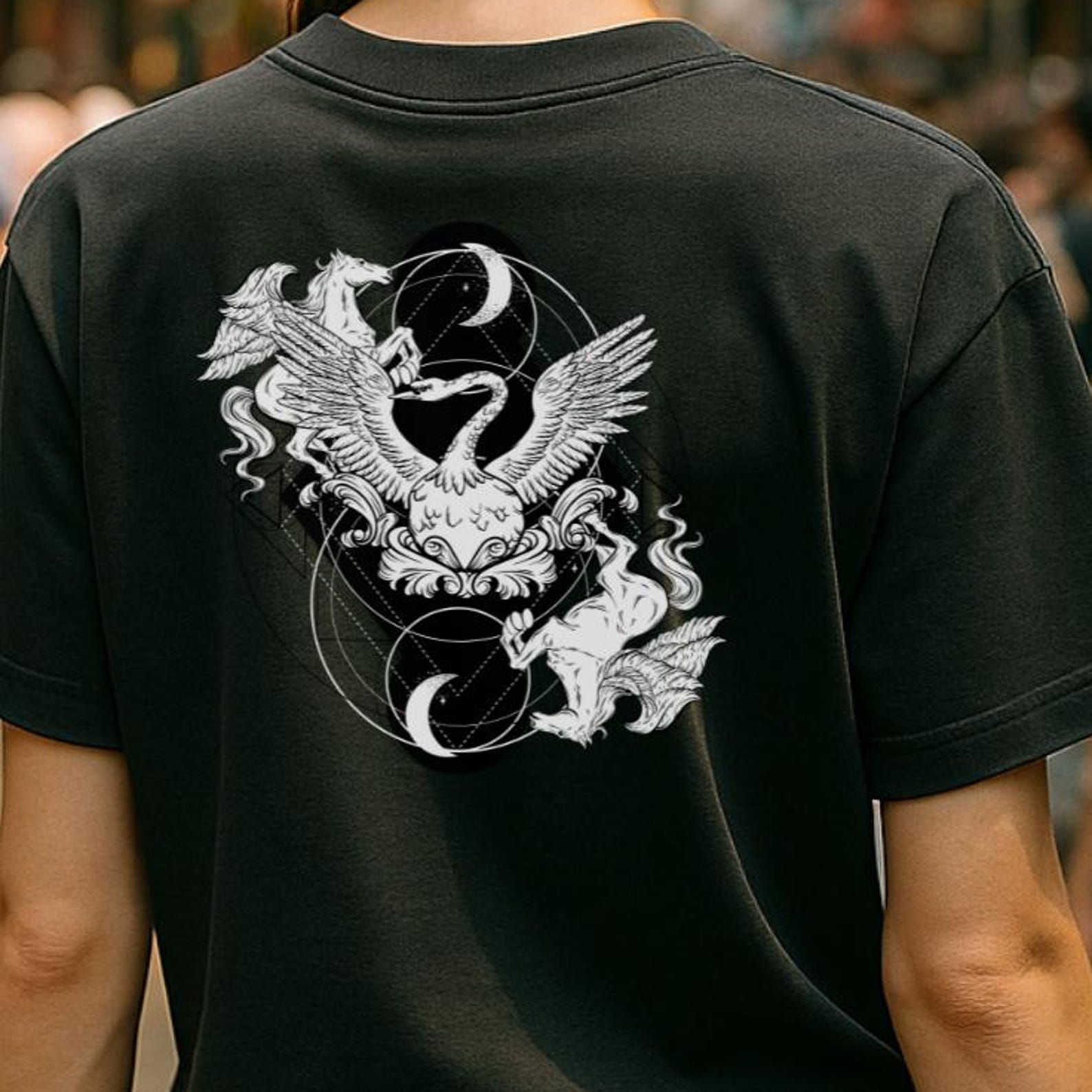 Mythical Swan & Pegasus Gothic T-Shirt: Dark Academia Celestial Tee 4XL