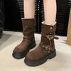 Mid-calf Square Heel Modern Boots Winter Slip-on 2024 High Quality Ladies Shoes Round Toe High Heel Buckle Punk Women's Boots