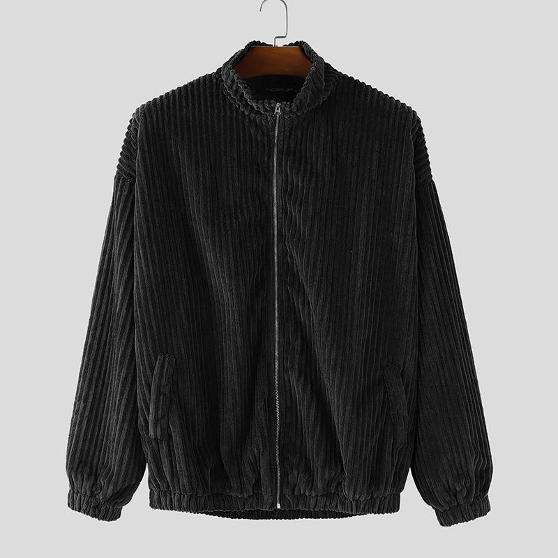 INCERUN Outono Masculino Gola Alta Manga Comprida Textura Veludo Cotelê Casual Jaquetas Casacos com Zíper
