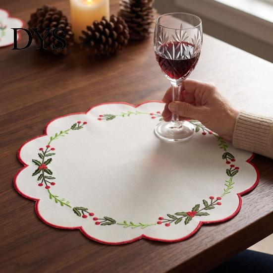 Autumn Harvest Table Settings Christmas Scalloped Embroidered Placemat, 15 Inch Cloth Place Mat with Holly Berries Waterproof Fabric Mats Leaves