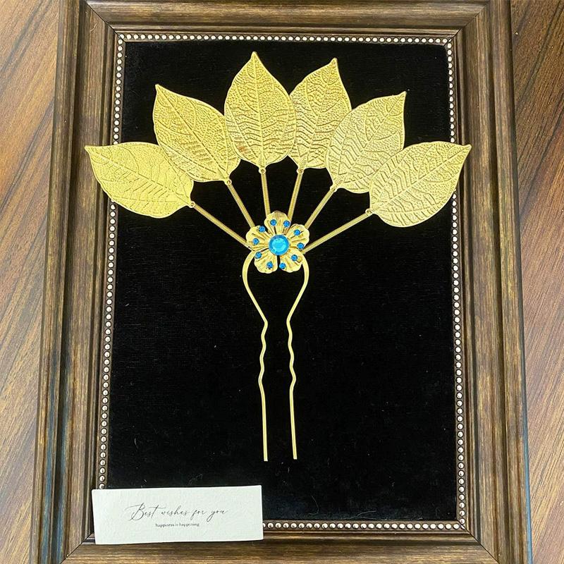 1PC Headwear Headdress Vintage Flower Rhinestone Hair Accessories Hairpin Ethnic Thai Hair Sticks Metal Leaves U-shaped