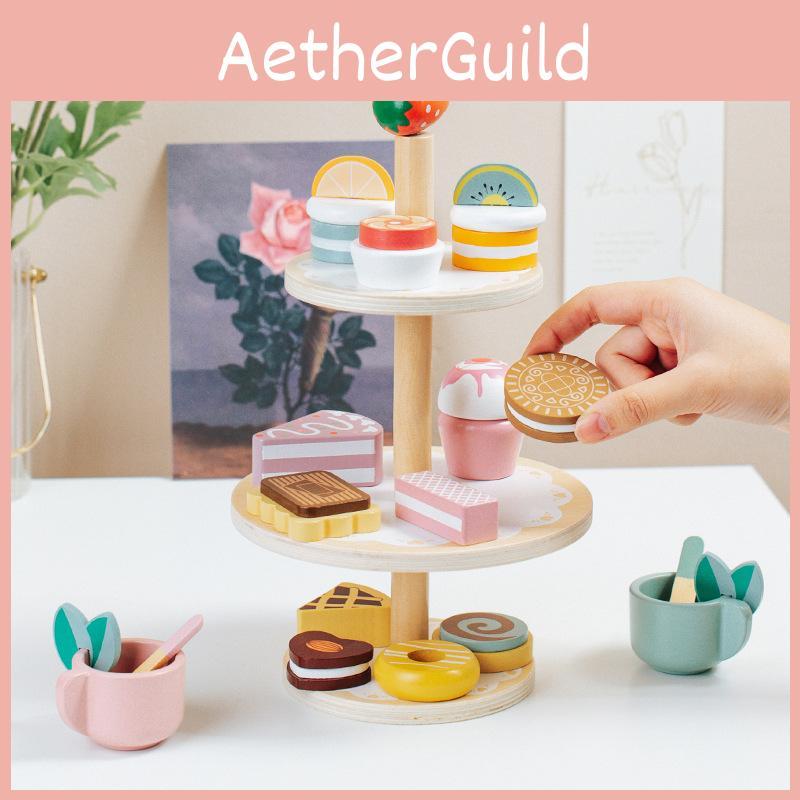 Wooden Pretend Play Dessert Shelf With Three Layers Design For Kids Educational Role Play Toys