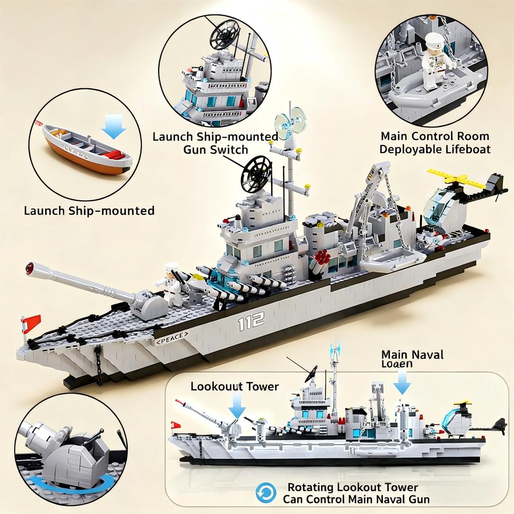 6-i-1 Flottans Krigsfartyg Byggklossar, 1560 Delar Militär Arméfartyg Modellset, Pedagogisk Byggklossleksak Gåva för Pojkar Barn