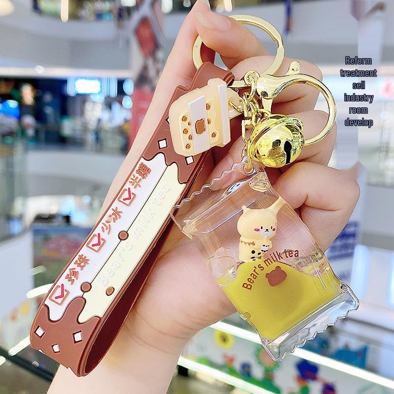 Pearl Milk Tea Bear Keychain - Cartoon Oil-Filled, Floating Liquid Pendant for Bags