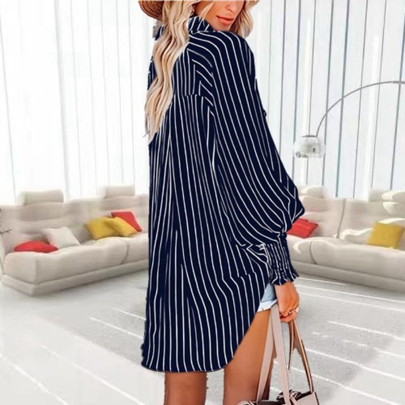 

Женская рубашка размера плюс XL-5XL с длинными рукавами на пуговицах, полосатый топ с v-образным вырезом, повседневная модная дышащая рубашка 5XL темно-синий